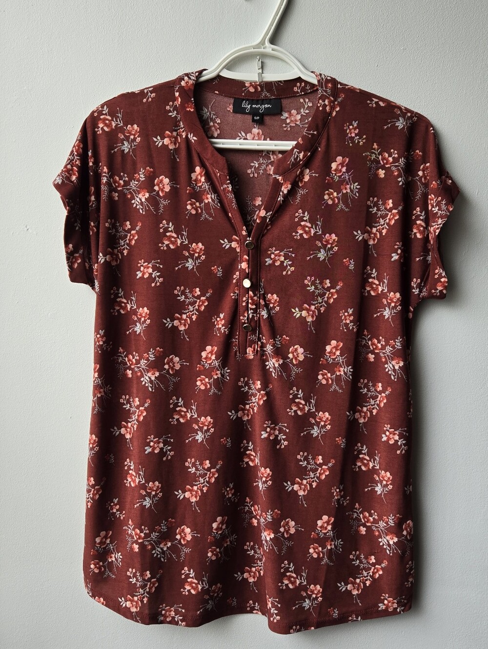 Rust Floral Size S Short Sleeve Henley Top Autumnal Colours Silky Relaxed Flaw